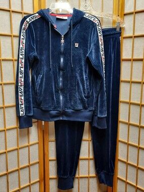 🏃🏽‍♀ FILA Navy Velour Velvet Cozy Tracksuit Womens S/M Juniors M/L